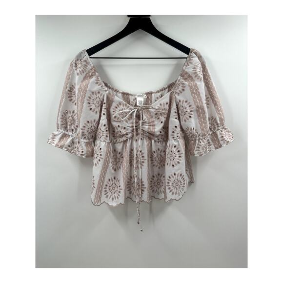 KIRIOUS Boho Large Crop Cotton Blend Eyelet Blouse Cream Tan Size Large - Picture 1 of 6